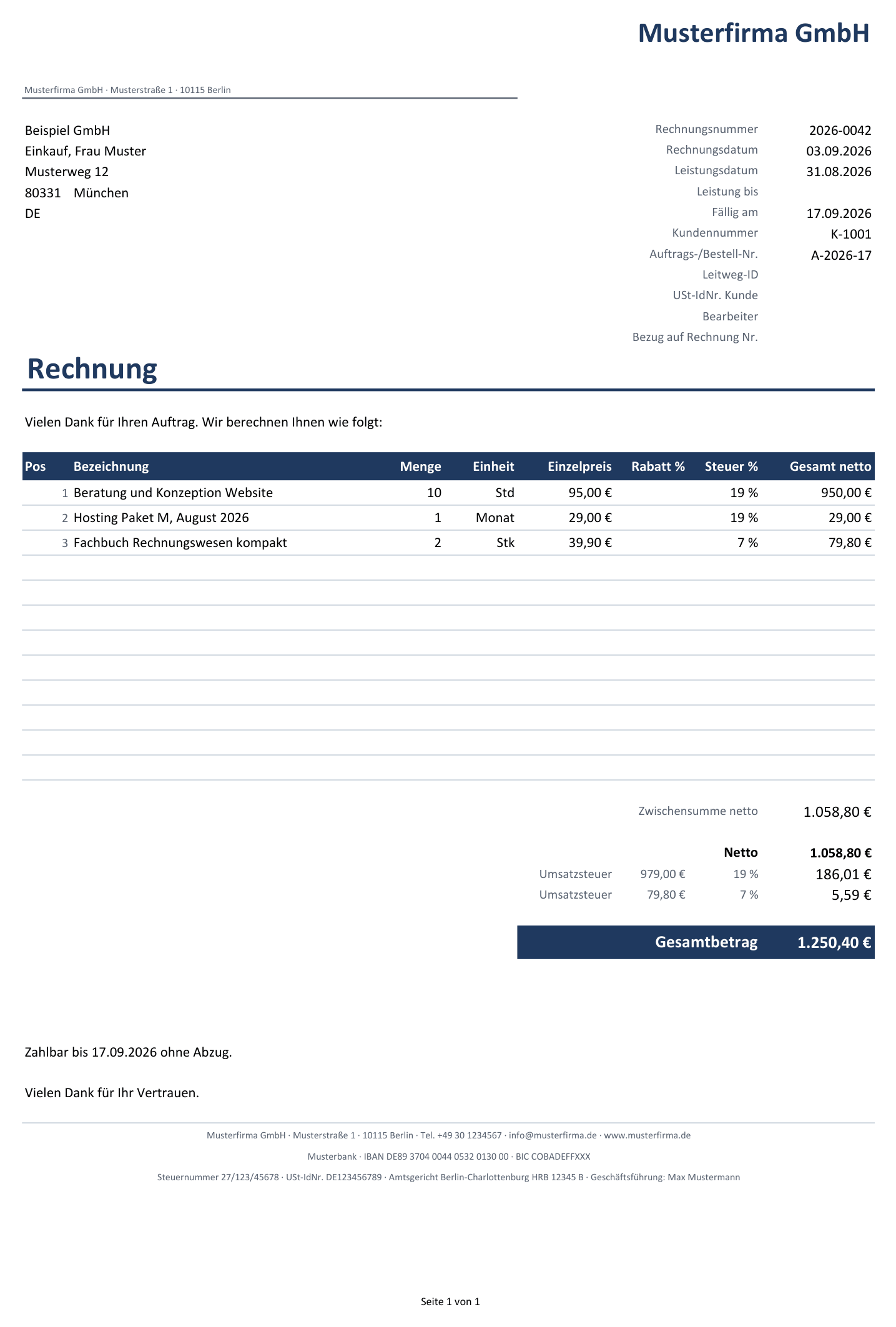 Fertige Musterrechnung aus der Vorlage: Absender, Empfängeranschrift, Positionstabelle mit drei Zeilen und unterschiedlichen Steuersätzen, Summenblock mit Netto, Umsatzsteuer und Gesamtbetrag, darunter Zahlungsziel und die Fußzeile mit Bankverbindung und Registergericht.